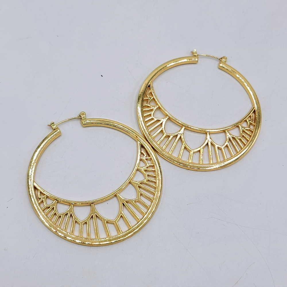 Geometric Gold Tone Hoop Earrings Art Deco Fan Cutout Bold Statement 2.25"